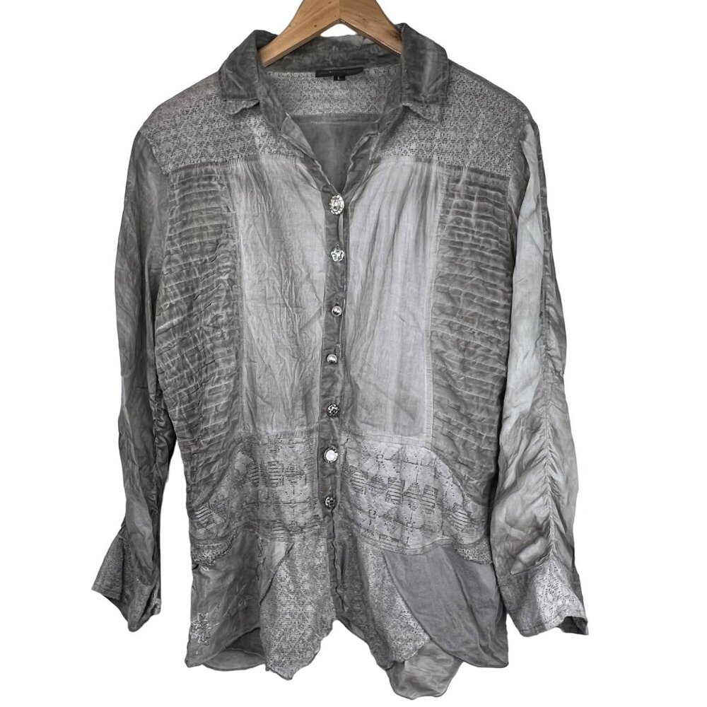 Vandana Collared Shirt Size Large Lace Button Shirt Casual Collared Gray Cotton